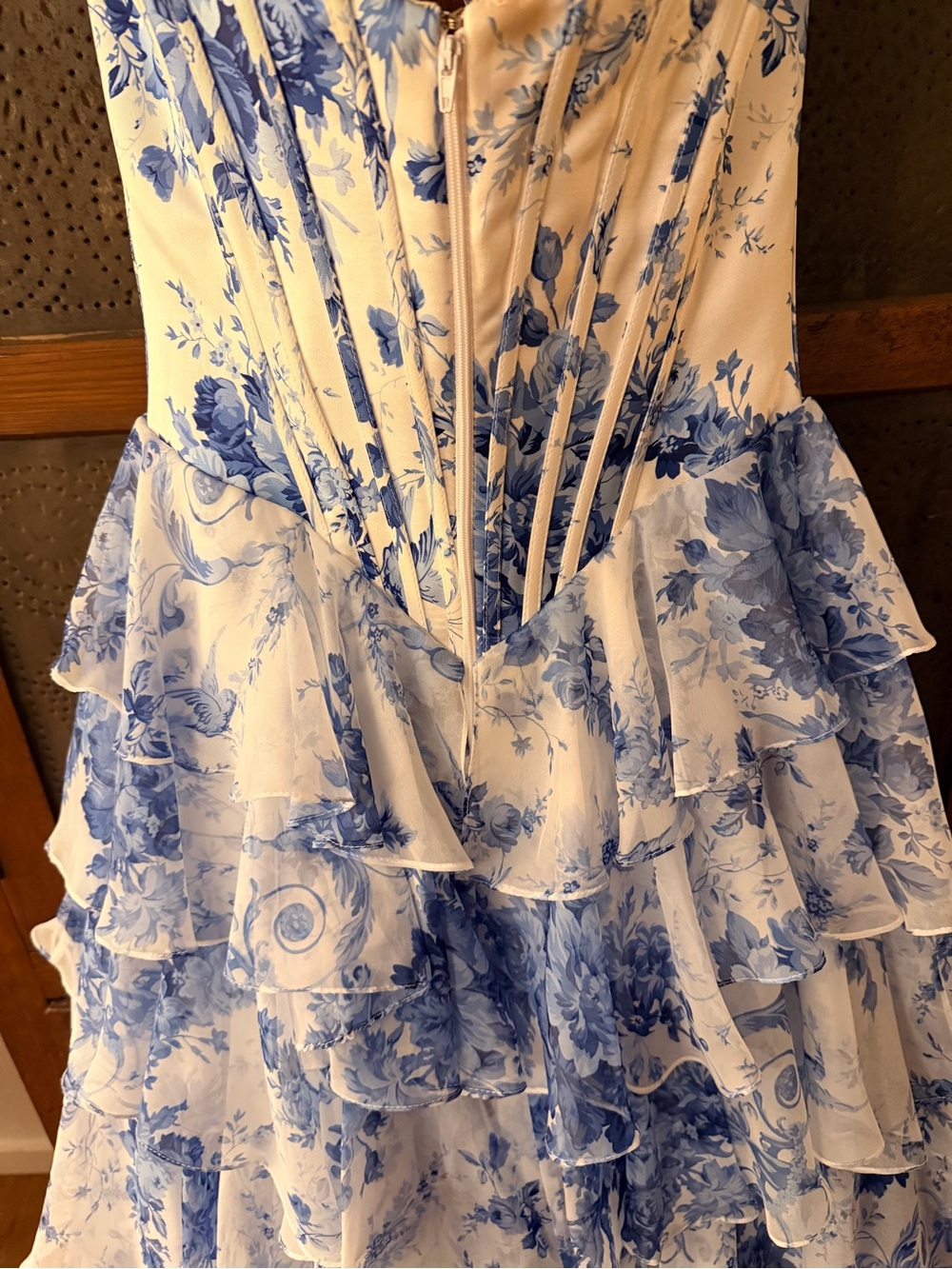 Sherri Hill 57250 Strapless Blue Toile Ruffle Prom Gown. - Picture 7 of 9